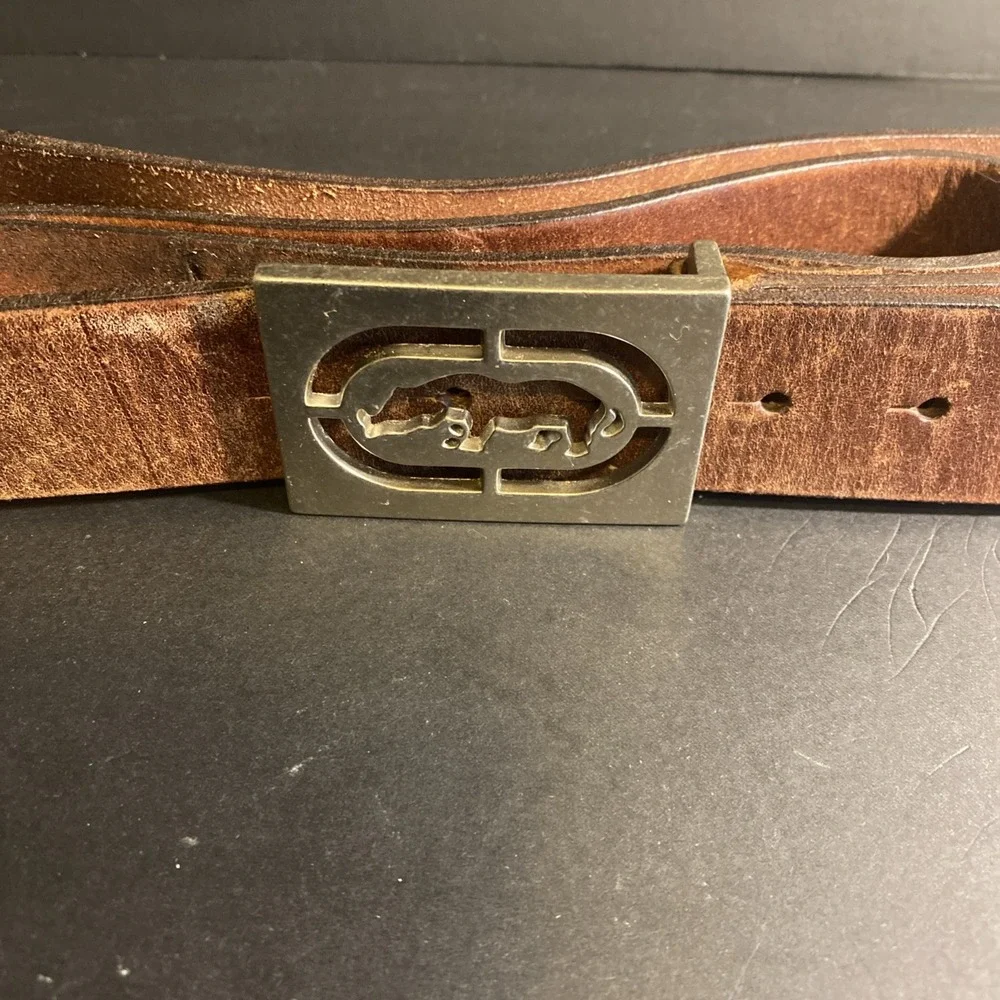 VTG Eckō Unltd. Belt Classic Big Rhino Logo Buckle Leather Brown Men's 40